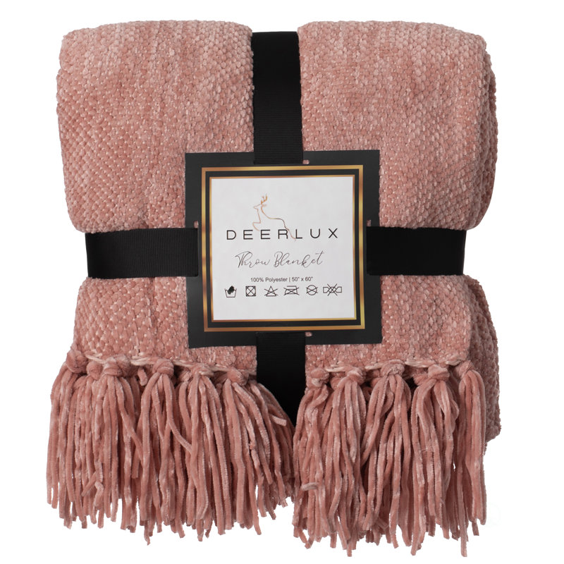 Jeté décoratif en chenille avec frange, rose foncé