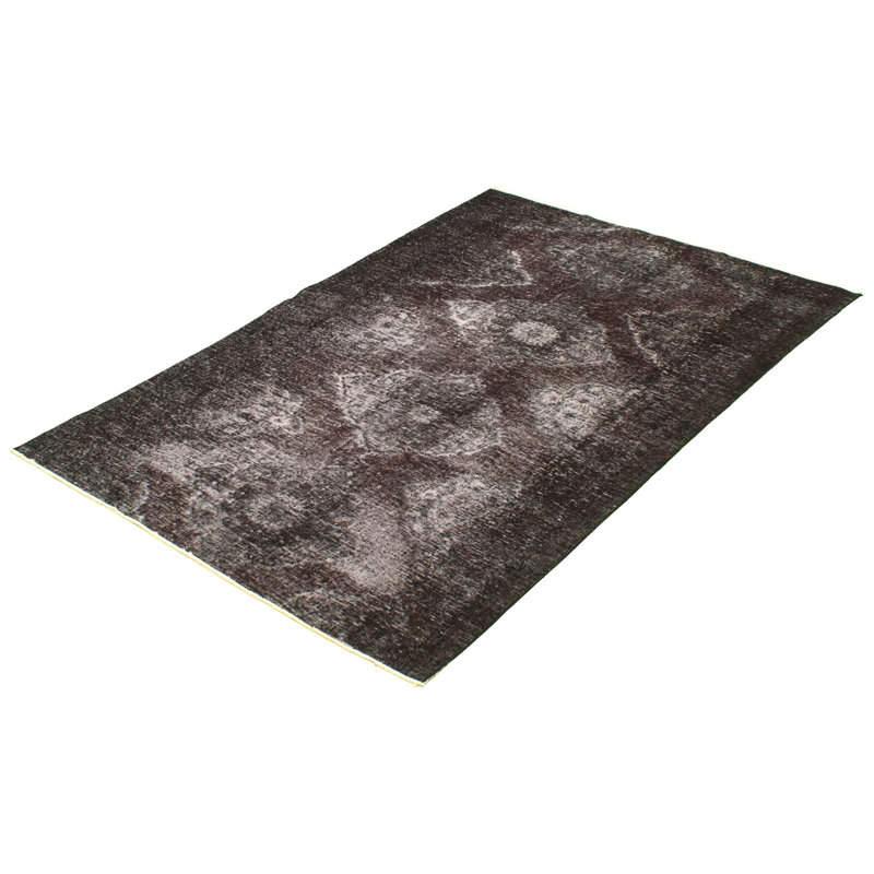 Tapis décoratif noir en laine de conception unique 4 pi 10 po x 8 pi noué à la main 1980s
