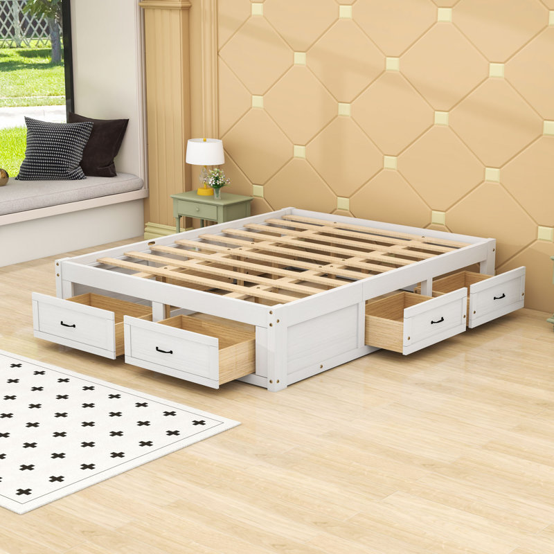 Lit plateforme avec 6 tiroirs, Grand, Blanc antique