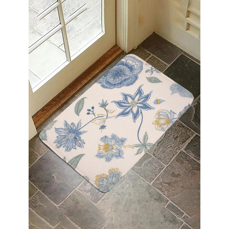 Tapis de bain à broderie florale bleu vif pour salle de bain, 16 x 24