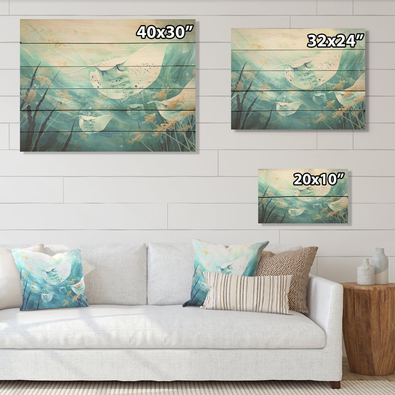 «Monochome Manta Rays Dance» - art mural bois de corail sous l'eau sur bois de pin naturel, H 30 po x l 40 po