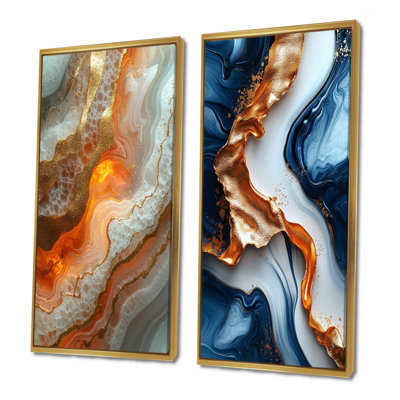 Abstract Geode Gold And Blue Marble Shape III I - Marble Wall Art 2 Pieces Set