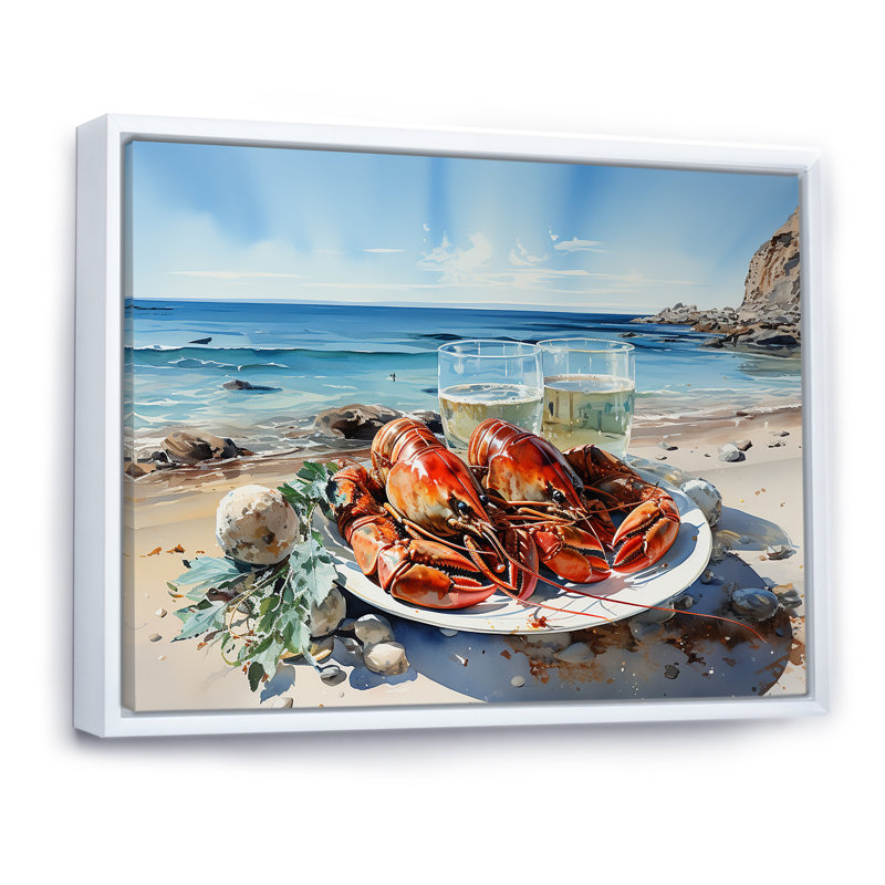 Assiette plate homard avec vue sur l'océan, Cadre flottant blanc, 30" H x 40" W