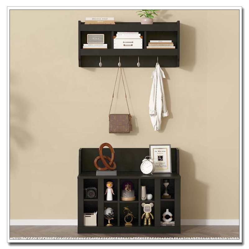 Shoe Storage Bench with Shelves and 4 Hooks, Black