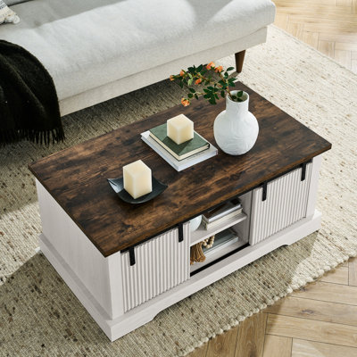 Table basse de 41,3 pouces avec rangement abondant, porte coulissante et tablettes réglables, style industriel rustique pour le salon Espace de réunion Options de rangement pratiques, espace chic