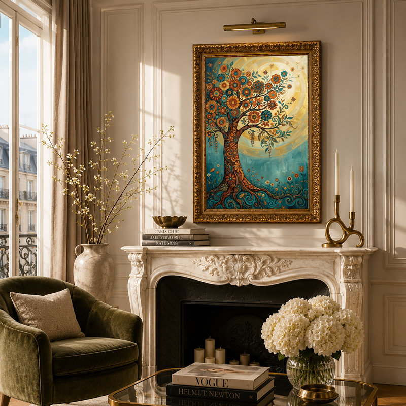 Art mural sur toile, arbre en fleurs avec tourbillons sarcelle et orange, H 36 po x l 24 po