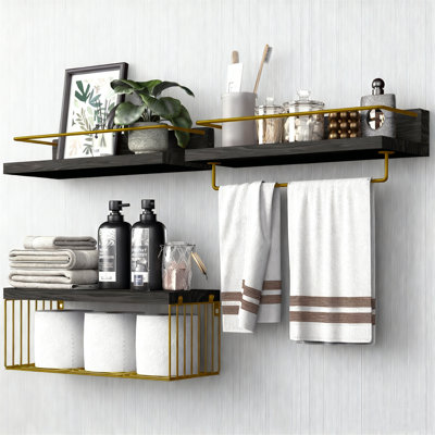 Set Of 3 Floating Shelves With Storage Basket, Over Toilet Wall Mounted Shelves For Bathroom, Kitchen, Living Room & Bedroom Organization