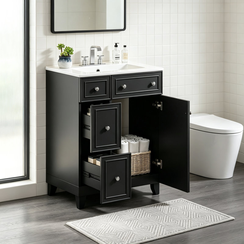 Meuble-lavabo de 24 pouces avec lavabo en céramique, 2 tiroirs, 1 porte, conception peu encombrante et beaucoup de rangement