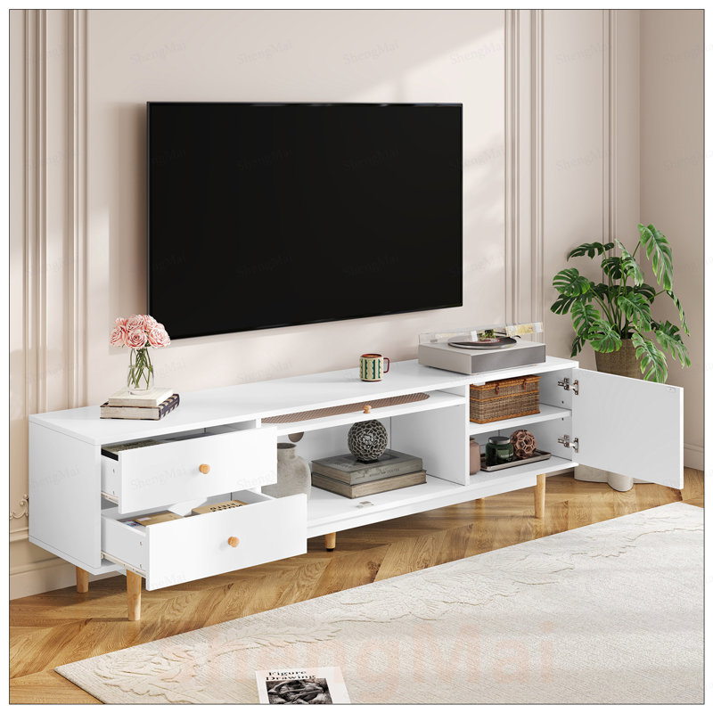 Meuble télé minimaliste pour téléviseurs de 80 po ou moins avec tiroirs et armoire dissimulée, parfait pour les salons et les chambres modernes