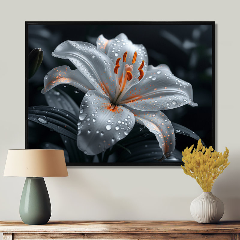 Photo de lys jardin blanc en cristal - lys, Cadre flottant noir, H 24 po x l 32 po