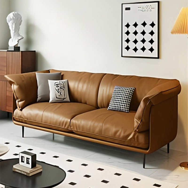 Causeuse-coussin standard en cuir véritable brun, H 34,65 po x l 70,87 po x P 37,4 po, Brun