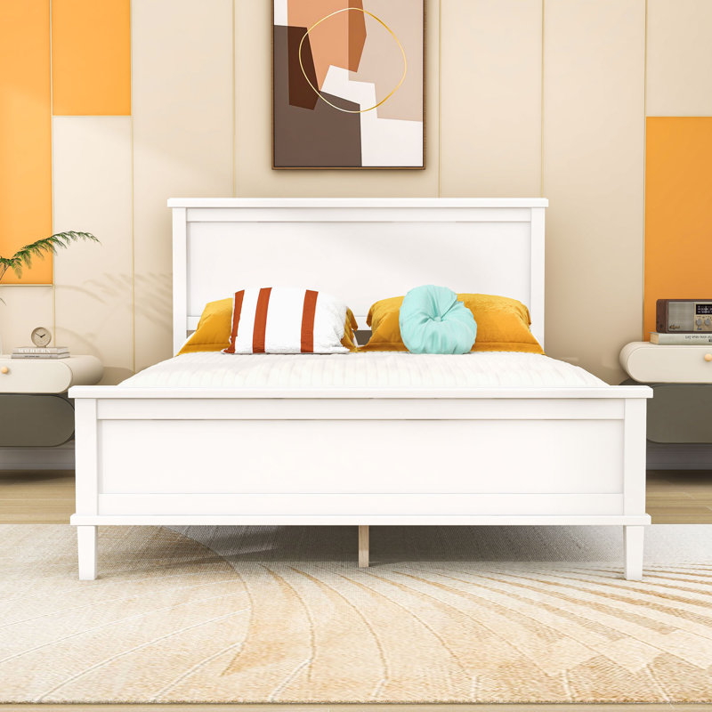 Lit plateforme en bois avec tête de lit à panneau, Double, Blanc