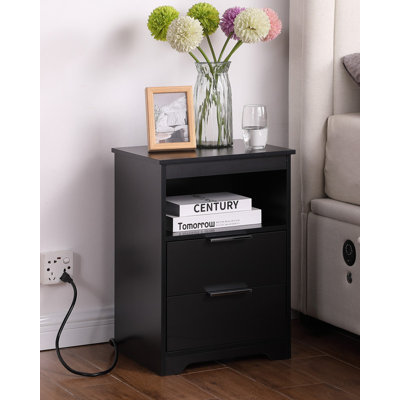 Modern Nightstand with Built-In Charging Station, 2 Drawers and Open Shelf