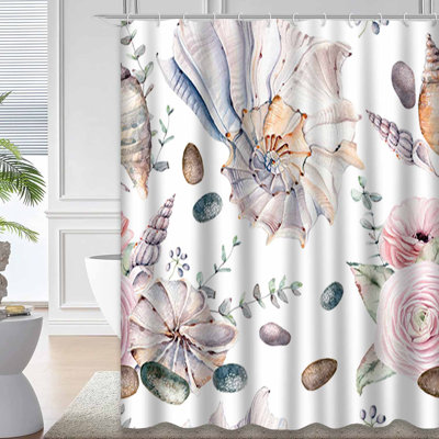 Watercolor Sea Shells Wallpaper Fabric Cover Banner Shell Shower Curtain with 12 Hooks