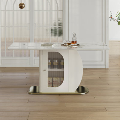 Table de salle à manger moderne de 63 po pour 4 à 6 personnes, table de cuisine avec tablette de rangement et armoire en acrylique, plateau de table en pierre frittée avec base, parfaite pour les appartements et les familles