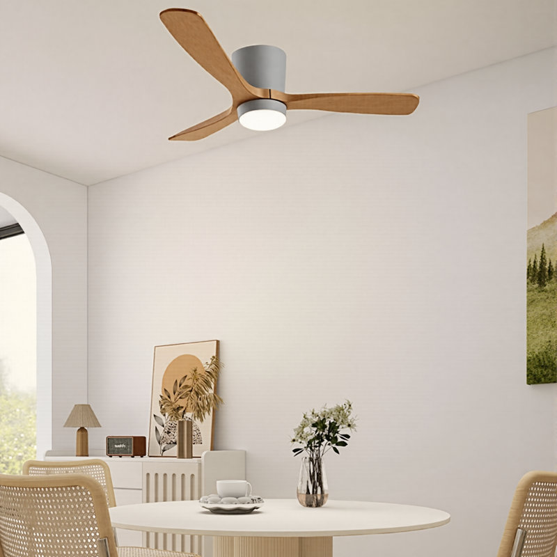Ventilateurs de plafond avec lumières à intensité variable et télécommande, 51,96 po de largeur, Gris, Bois jaune clair