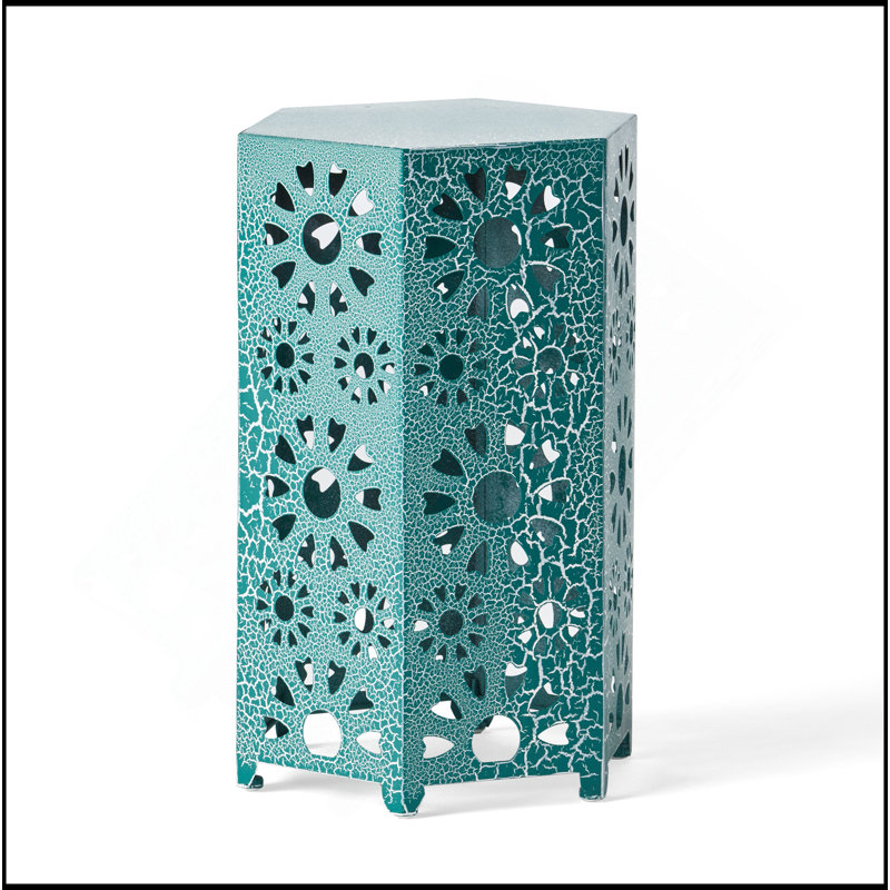 Galore 14 Inch Side Table With Sunburst Cut Out Design, Weather-Resistant And Stylish For Outdoor Use, Teal