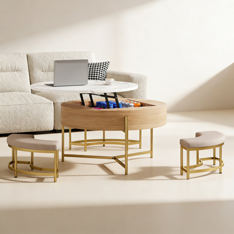 Table basse à plateau relevable avec rangement et 3 repose-pieds, Blanc / beige