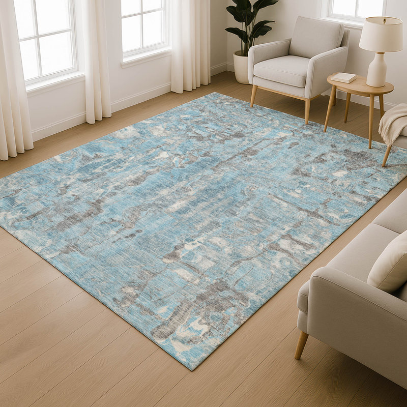 Premium Machine Washable Mayfield AMF2120 Abstract Rug, Denim, 3' x 5'