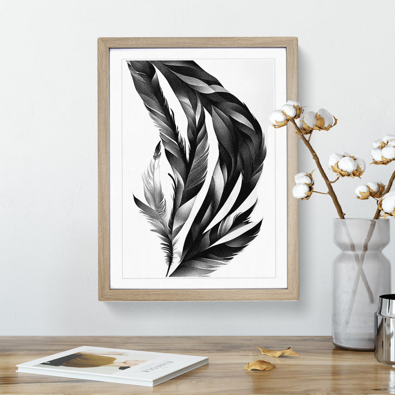 Monochrome Feathers No.2 - Wrapped Canvas Print, 64cm H x 46cm W x 2cm D, Oak Framed