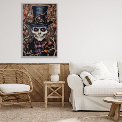 Spooky Skeleton with Leaves Framed Giclee, design by The Dutch Lady