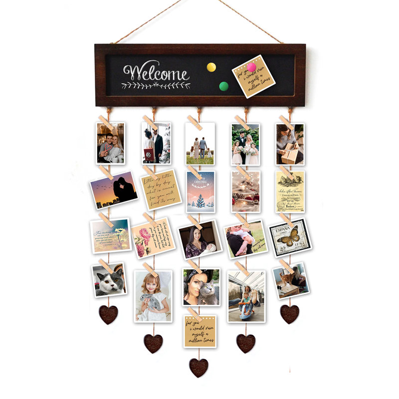 Picture Frames Collage Display Board With 30 Clips - Multi Photos Cards Organizer With Adjustable Twines And Magnetic Blackboard - 15.7X5 Inches