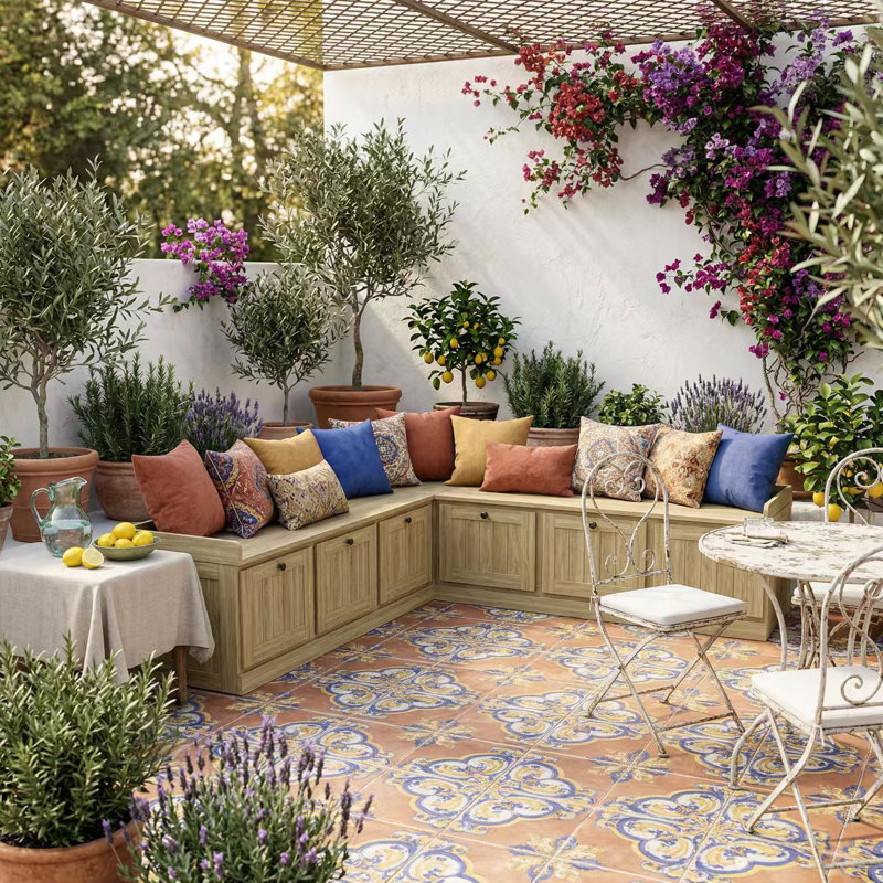 Banc de rangement d'angle pour le patio avec 2 casiers rabattables