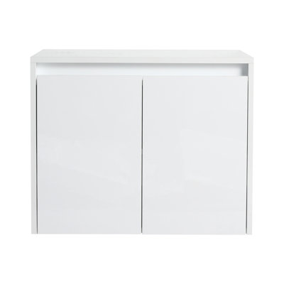Meuble-lavabo 48 po avec lavabo en résine, portes à fermeture en douceur et armoire murale, montage flottant, blanc brillant, contreplaqué (emballage KD)