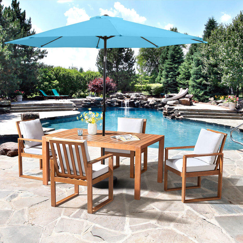 Weston 6 Pc Patio Dining Set Wood One 63" Table 4 Chairs With Cushions And 1 10-Foot Tilt Umbrella , Blue