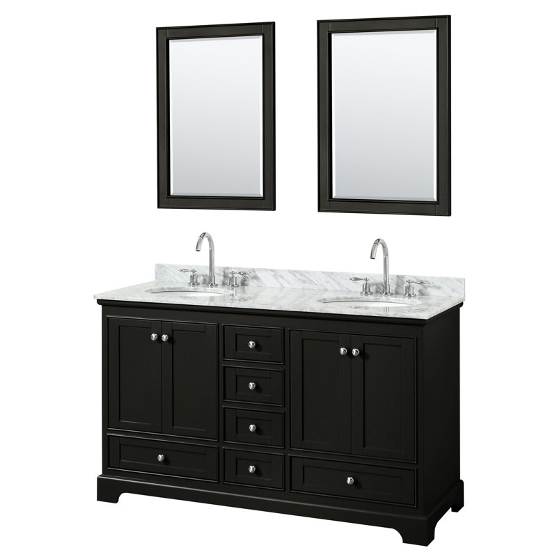 Ensemble de meuble-lavabo double 60 "avec miroir Deborah, Expresso sombre, Chrome poli