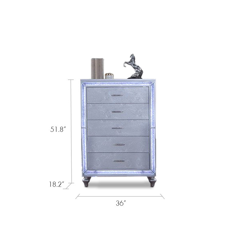 Commode 5 tiroirs avec lumières DEL, Argent