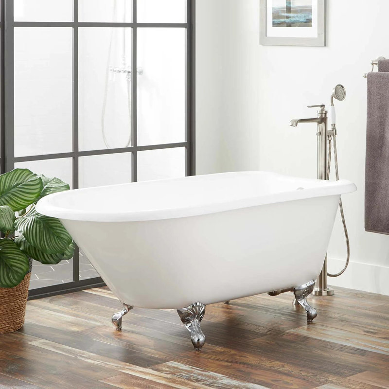 66" Miya Cast Iron Clawfoot Soaking Tub, Brushed Nickel