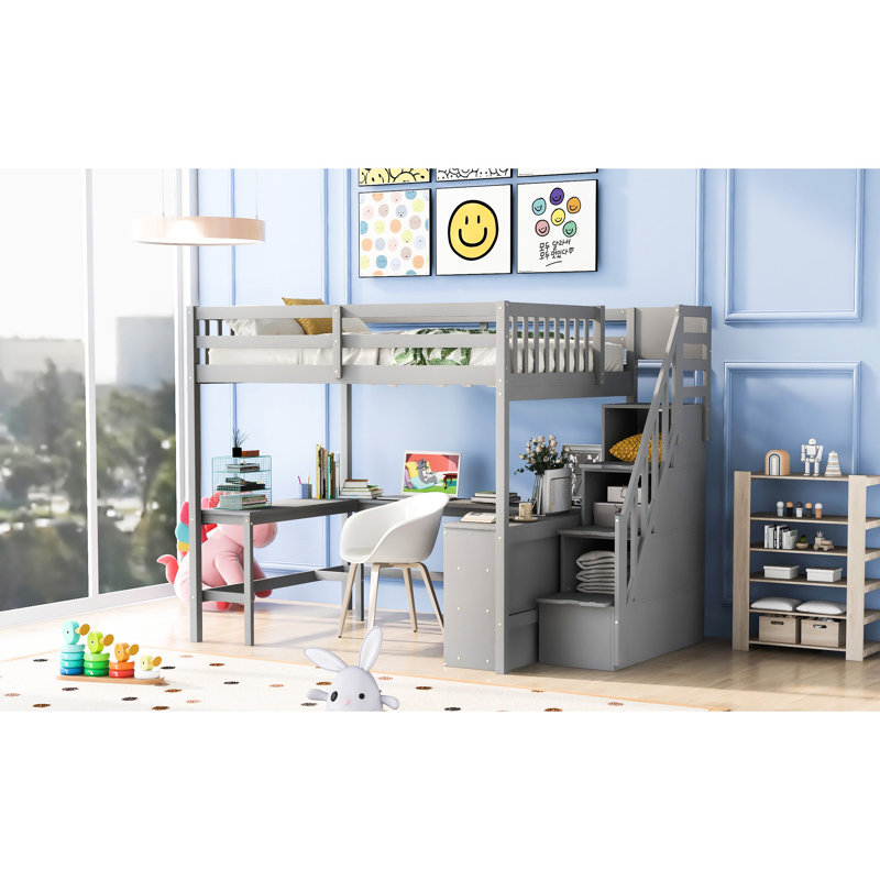Lit mezzanine gris avec bureau intégré, tablettes et escalier, Gris