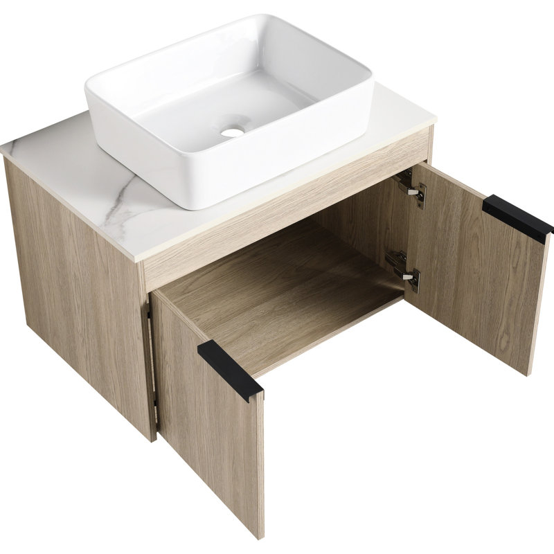 Meuble de salle de bain mural 30 po - Chêne blanc avec lavabo en céramique, porte de fermeture Tranquilly, meuble-lavabo abondant en chêne, riche en fermeture douce