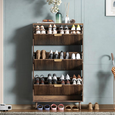 Shoe Cabinet Storage,Modern Freestanding Organizer with 3 Flip Drawers,Narrow Shoe Rack Cabinet for Entryway,Walnut