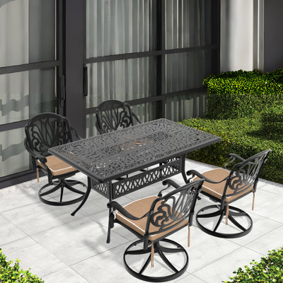 All-Weather 5 Dining - 4 Swivel Chairs & Rectangular Table With Black And Weather- Cushions Outdoor Cast Aluminum