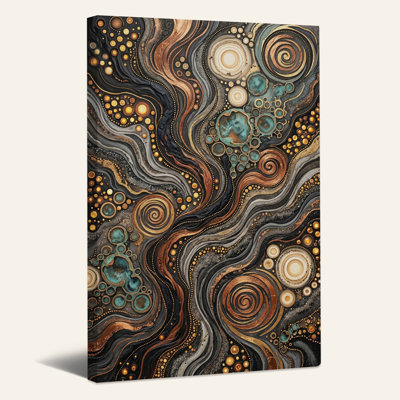 Toile murale abstraite or et turquoise, tourbillons et spirales