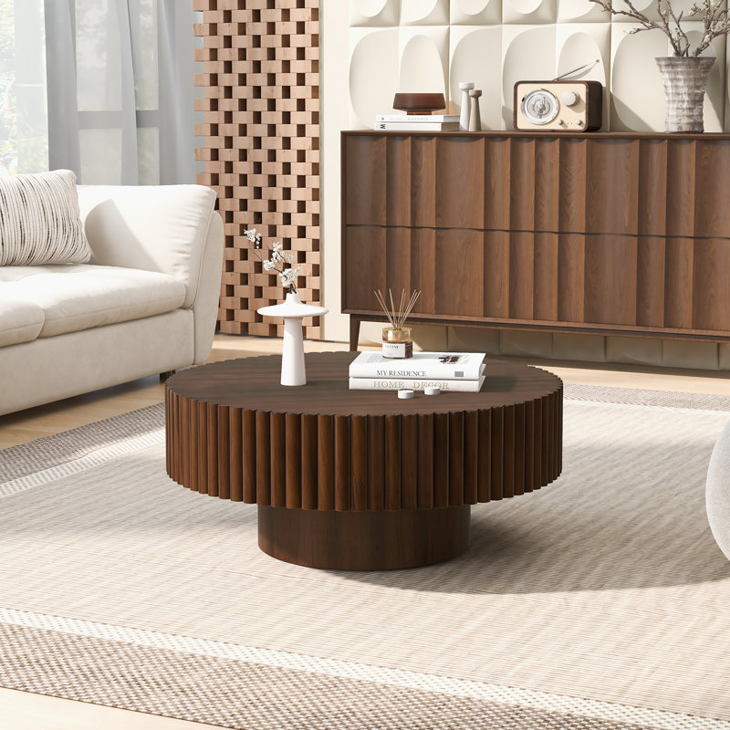 Lorven 32" Solid Wood Round Drum Coffee Table, Brown Wood