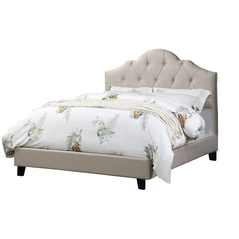 Lit double tapissier transitionnel avec tête de lit à structure arquée et brun, en bois