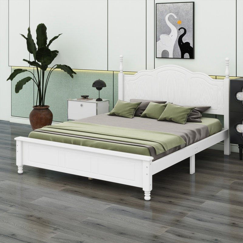 Structure de lit plateforme en bois, lit plateforme de style rétro avec support en lattes de bois, Blanc