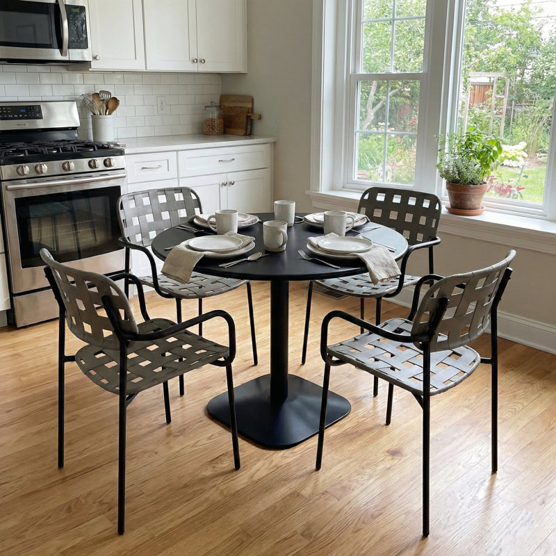 ALBIN 80 Round Table  With 04 KARIN Armchair  Set, Black/Grey