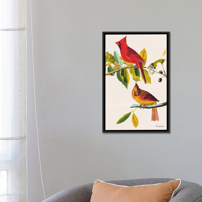«Cardinal» par John James Audubon - reproduction, H 26 po x l 18 po x P 1,5 po, Toile avec cadre noir, Pas de tapis