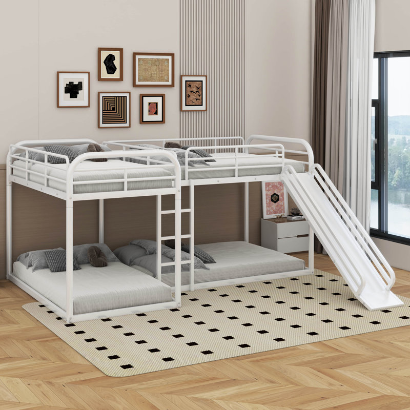 Lit superposé en L pour lit double et simple avec glissière et échelle courte, Blanc