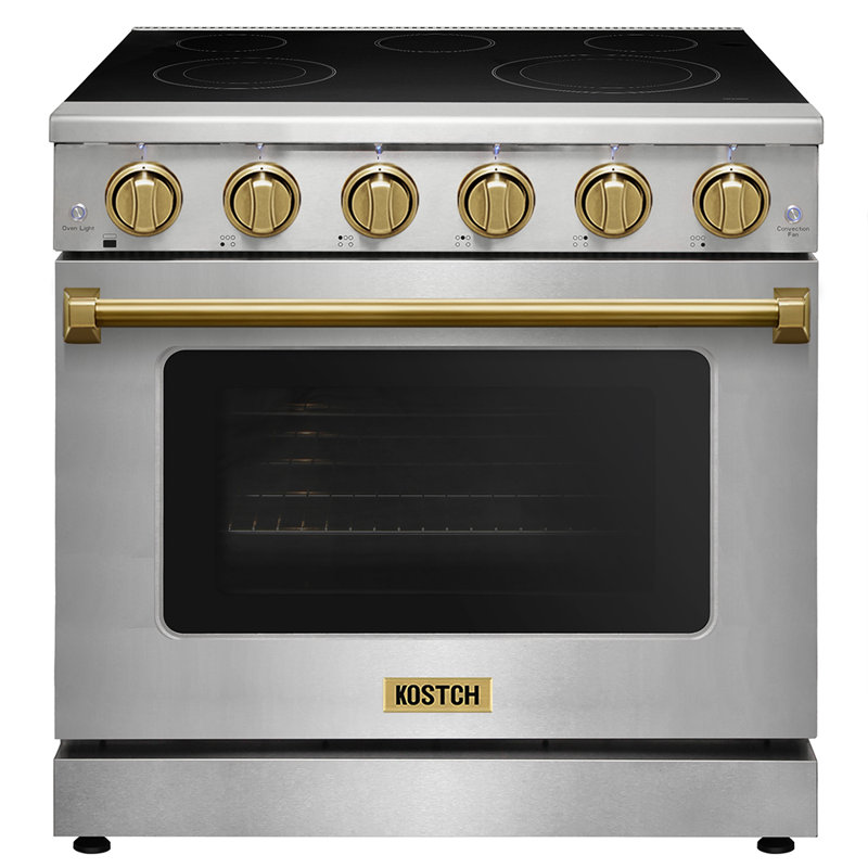 Cuisinière électrique professionnelle KOSTCH de 91 cm (36 po) avec table de cuisson à 5 éléments chauffants, four à convection d'une capacité de 170 litres (6 pi³), four à surface en verre lisse en acier inoxydable avec accents bronze