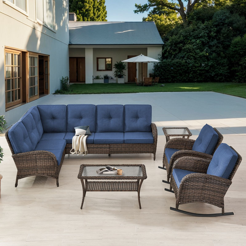 Valierius L-Shaped Outdoor Sectional Sofa & 3-Piece Rocking Chair Set, PE Wicker, Water-Resistant, Blue