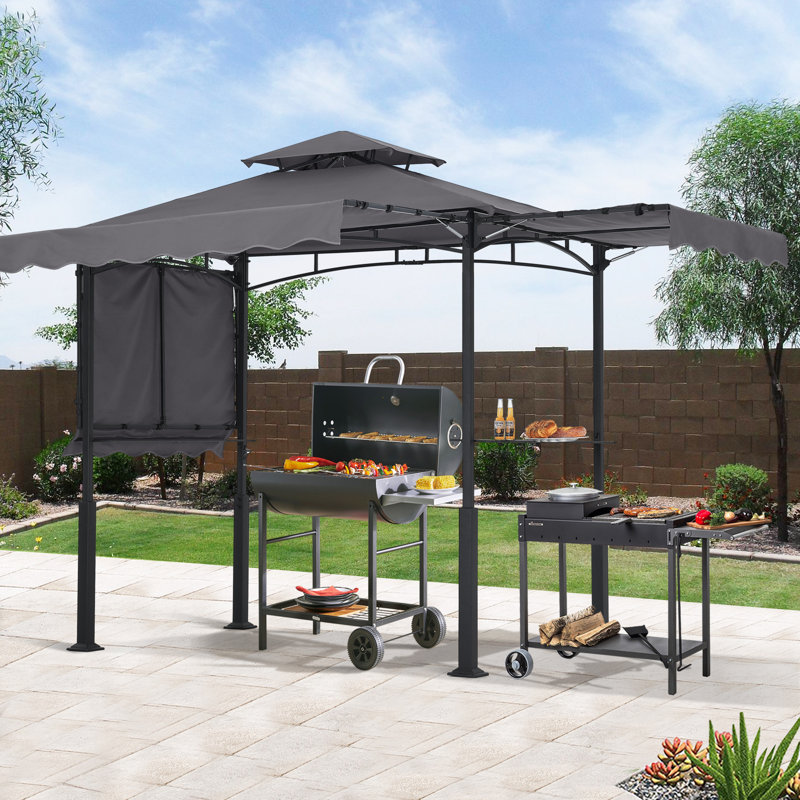 14 Ft. W X 8 Ft. D Steel Grill Gazebo With Collapsible Awnings, Gray
