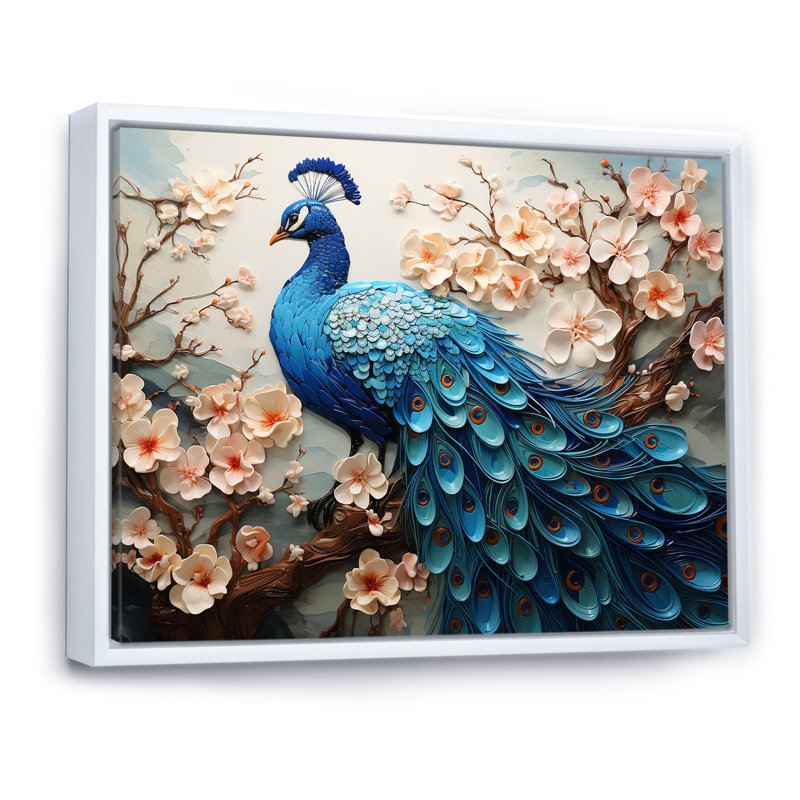 «Flower Peacock S Vibrant Show II», art mural sur toile paon, H 30 po x l 40 po x P 1,5 po, Cadre flottant blanc