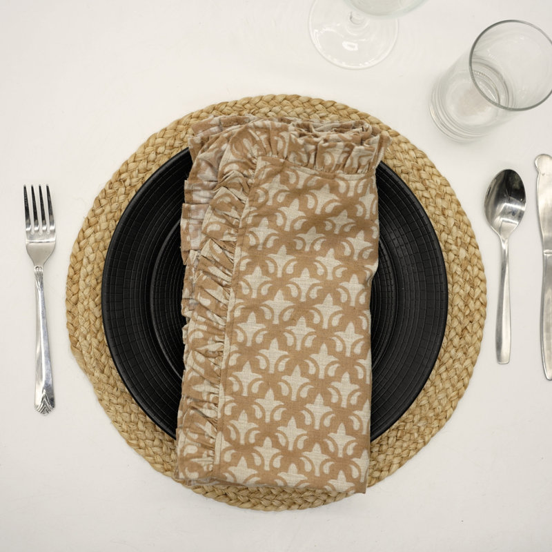Fabdivine Elegant Florl Block Print Ruffled Napkin 18X18 Inch Classic Linen set of 4- Rajputana jaal
