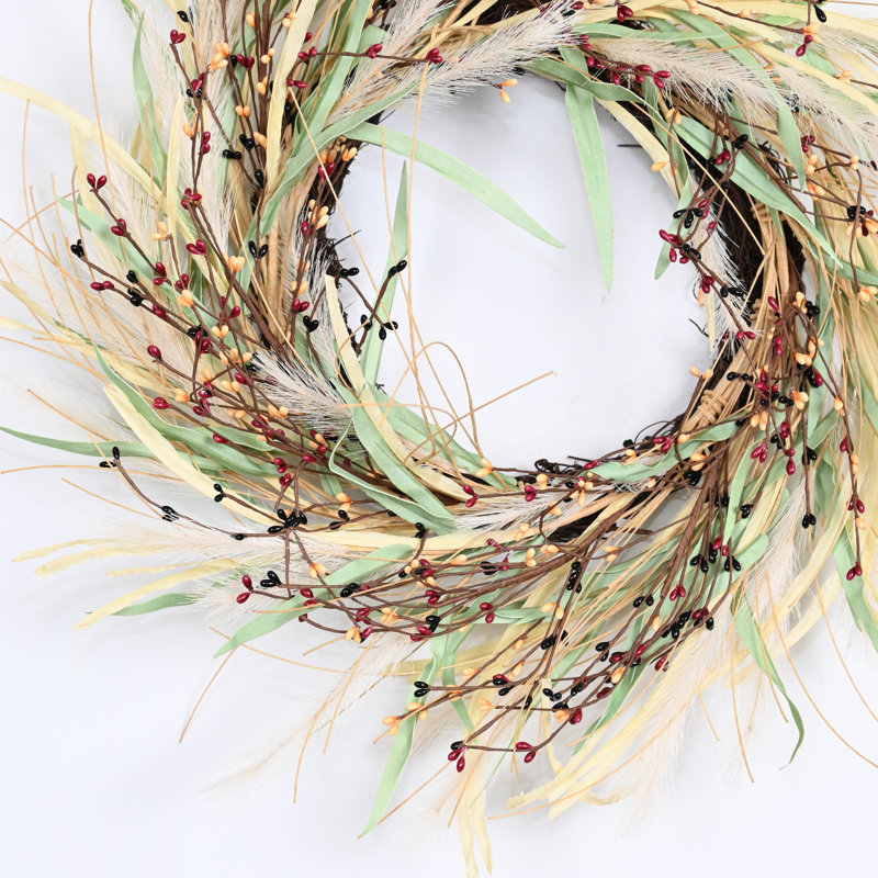Couronne de 24 po avec rameau artificiel rustique, baies, pampas, automne, récolte, porte d'entrée, couronne, décoration de l'Action de grâce