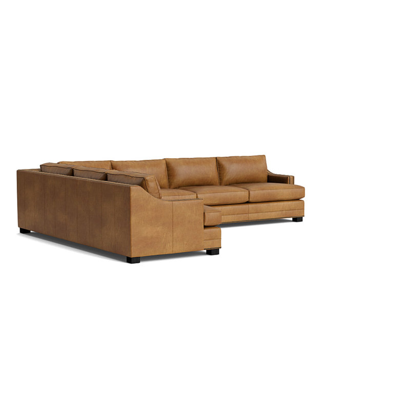 Canapé d'angle droit Keaton en cuir avec accoudoirs inclinés et clous, Laiton antique, Black, Bedford - Selle